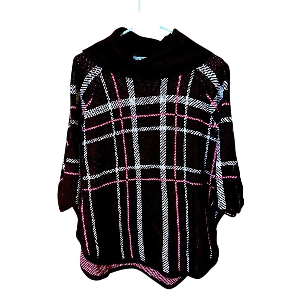Loft Poncho Sweater XS/SP Burgundy Plaid Mock Neck Short Sleeve